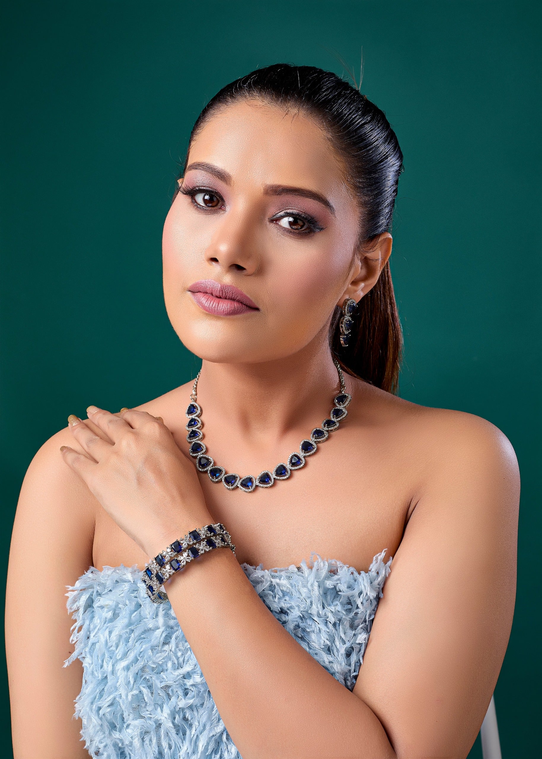Blue Triangle Stone Necklace Set with Earrings And 1 FREE Bangle | Combo Offer Necklace Set