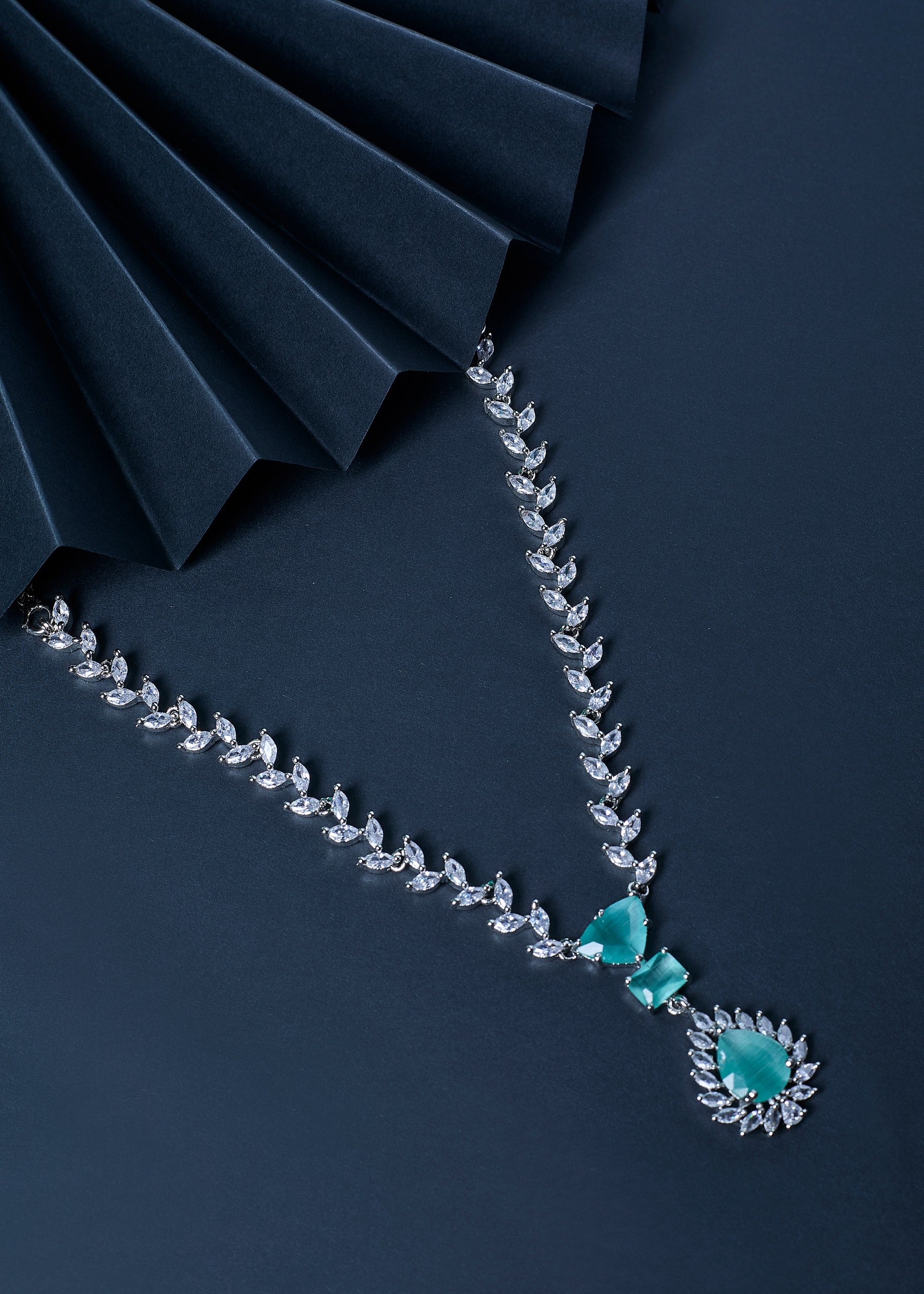 Mint Blue American Diamond Necklace Set With Earrings, And FREE Bracelet | Trendy Party Wear