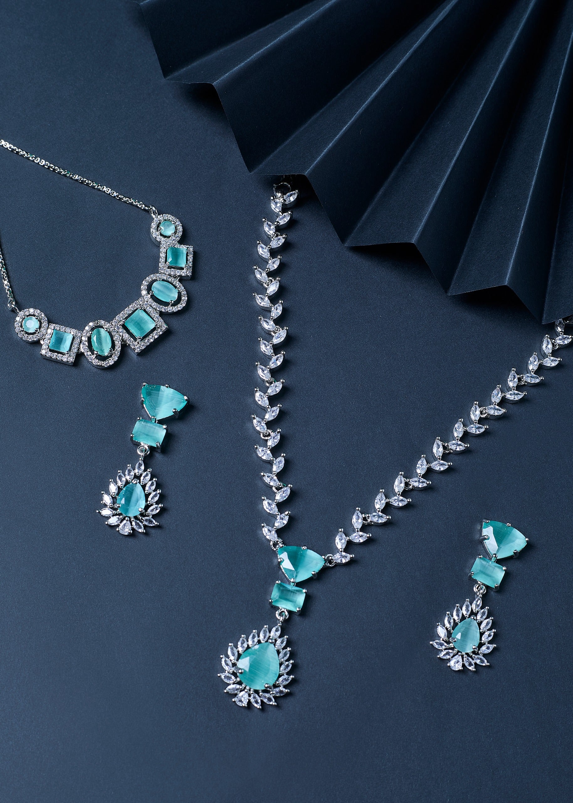 Mint Blue American Diamond Necklace Set With Earrings, And FREE Bracelet | Trendy Party Wear