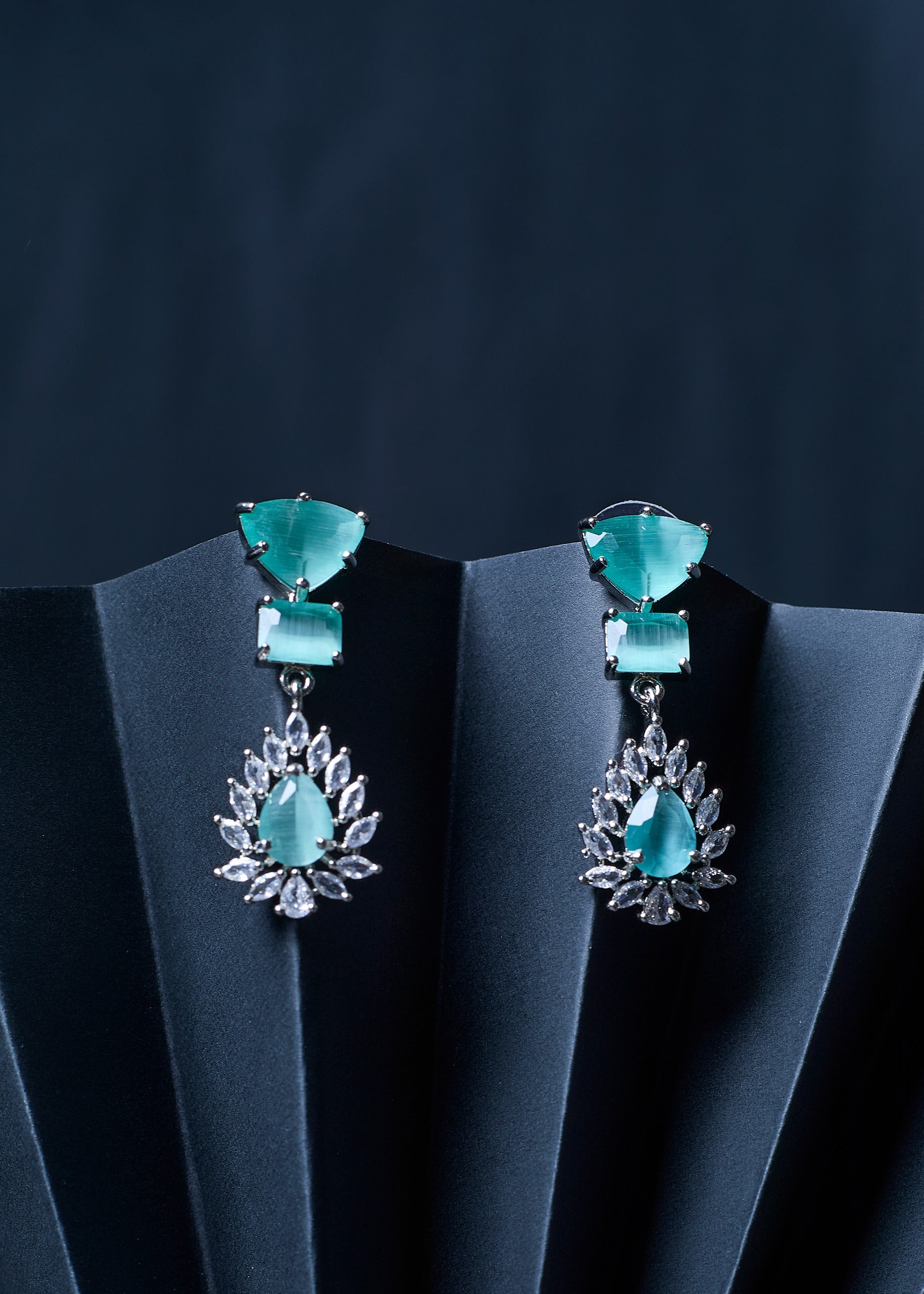 Mint Blue American Diamond Necklace Set With Earrings, And FREE Bracelet | Trendy Party Wear