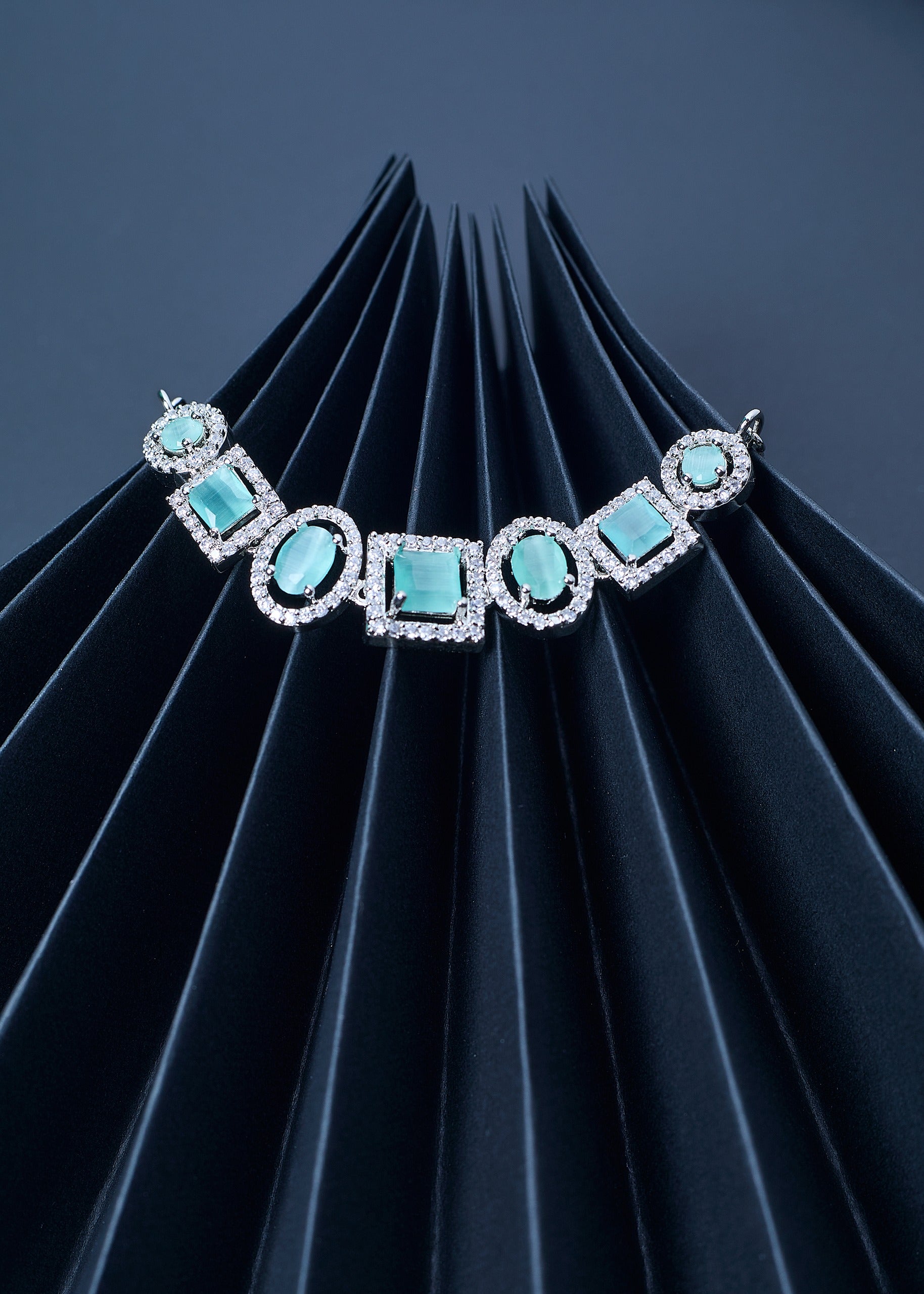 Mint Blue American Diamond Necklace Set With Earrings, And FREE Bracelet | Trendy Party Wear
