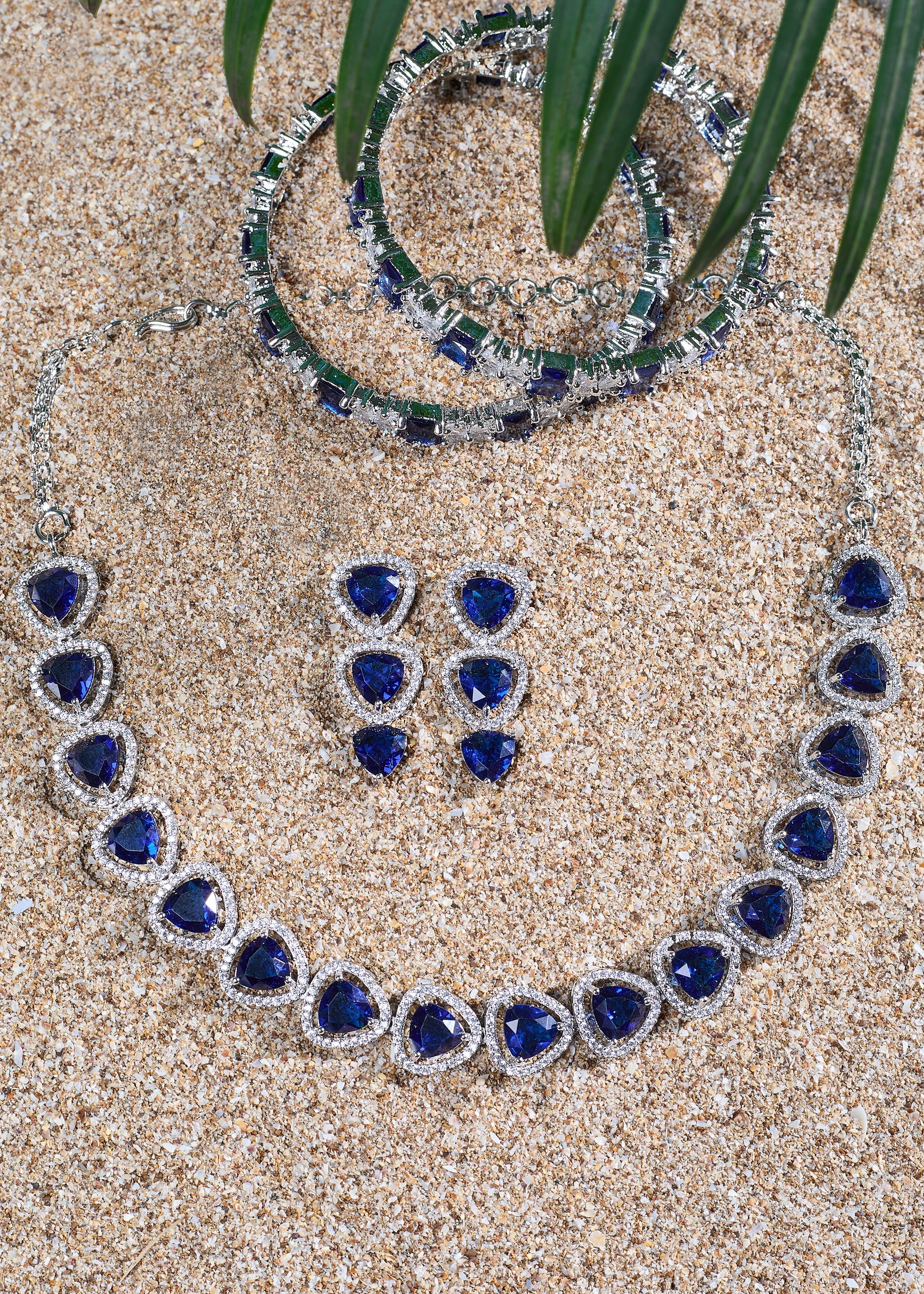 Blue Triangle Stone Necklace Set with Earrings And 1 FREE Bangle | Combo Offer Necklace Set