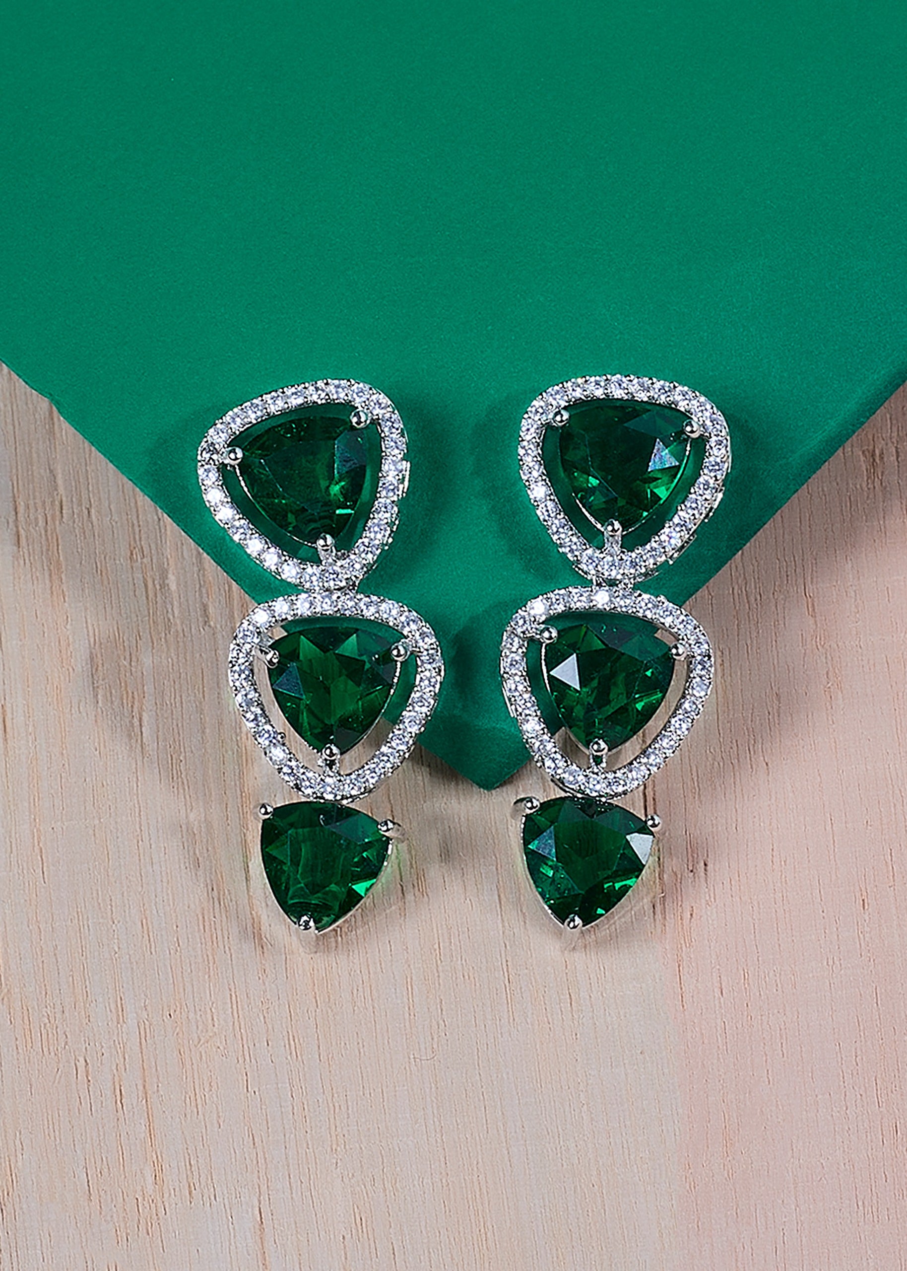 Green Stone Triangle Necklace Set with Earrings And One FREE Bracelet | Combo Offer