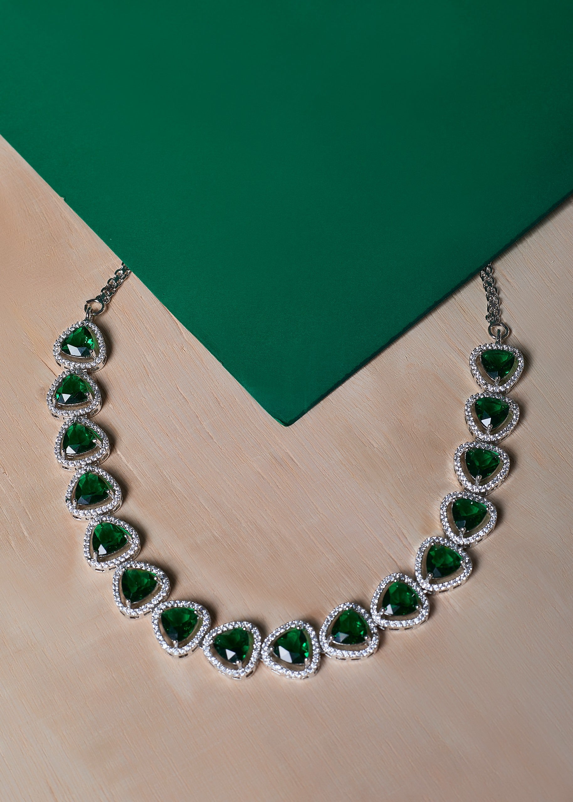 Green Stone Triangle Necklace Set with Earrings And One FREE Bracelet | Combo Offer