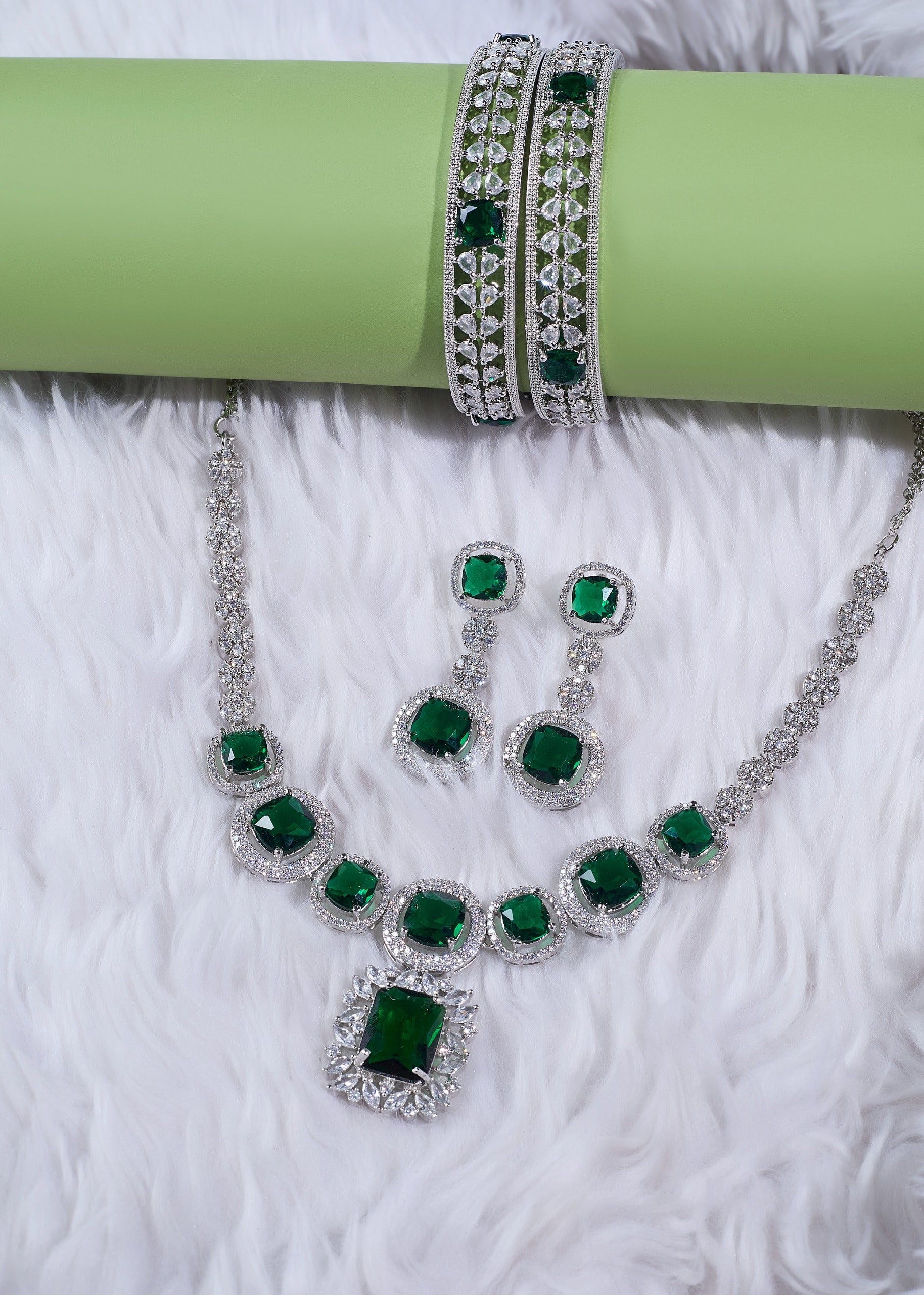 Necklace & Earrings Set + FREE Matching Bangle | Limited-Time Deal, Green Emerald AD stone Necklace Set