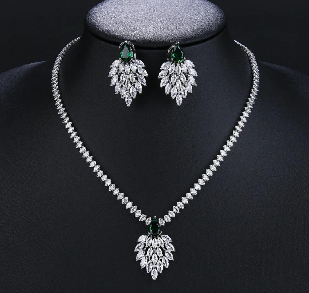 Multicolored Marquise And Drop Shaped American Diamond Necklace Set With Earrings Silver Plated
