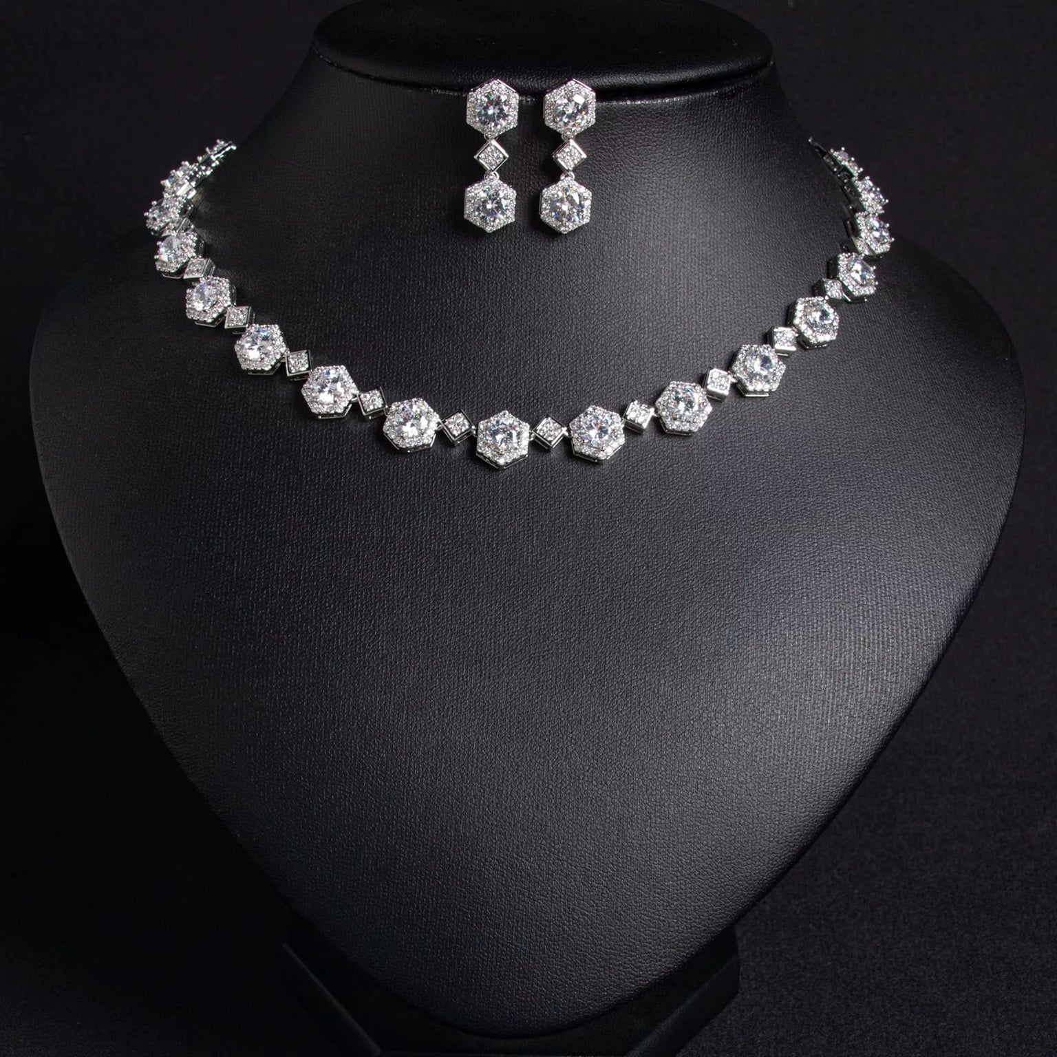 Multicolored American Diamond Geometric Shaped Silver Plated Necklace & Earrings Jewelry Set