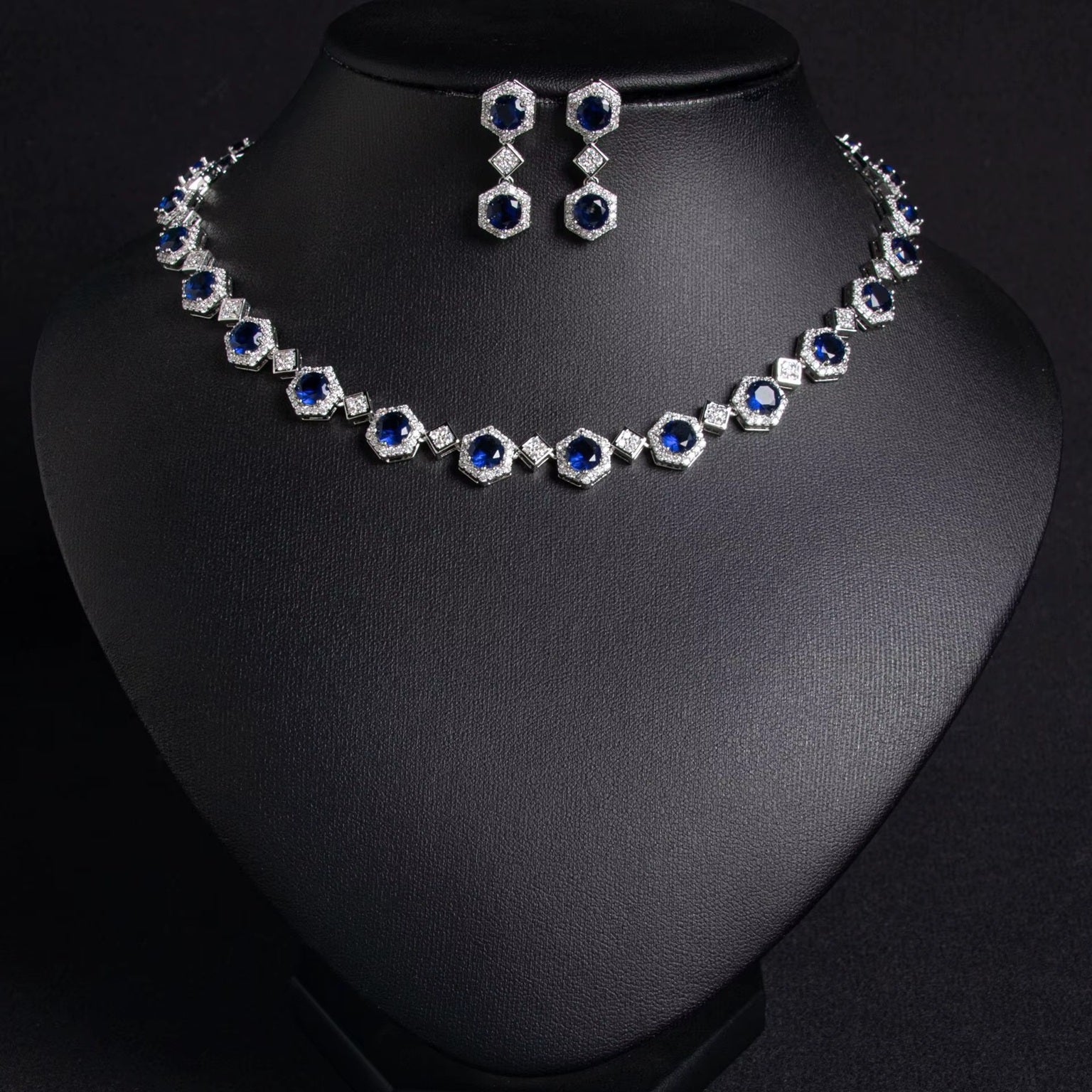 Multicolored American Diamond Geometric Shaped Silver Plated Necklace & Earrings Jewelry Set