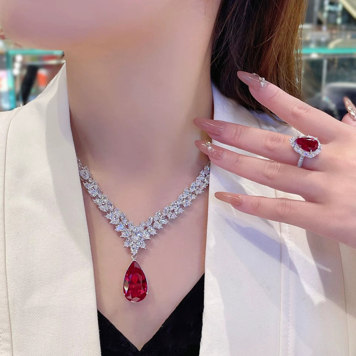 Pear Cut Raindrop Royale American Diamond Statement Necklace With Ring And Earrings Set