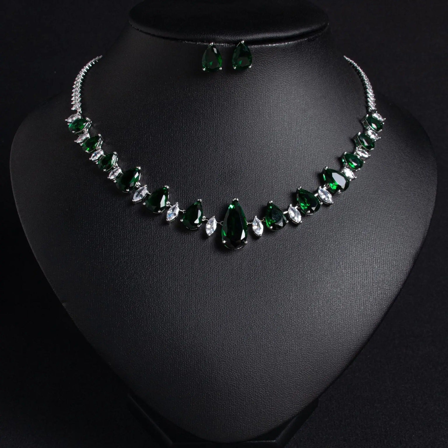 Drop Shaped American Diamond Multiple-Colors Silver Plated Necklace & Earrings Jewelry Set