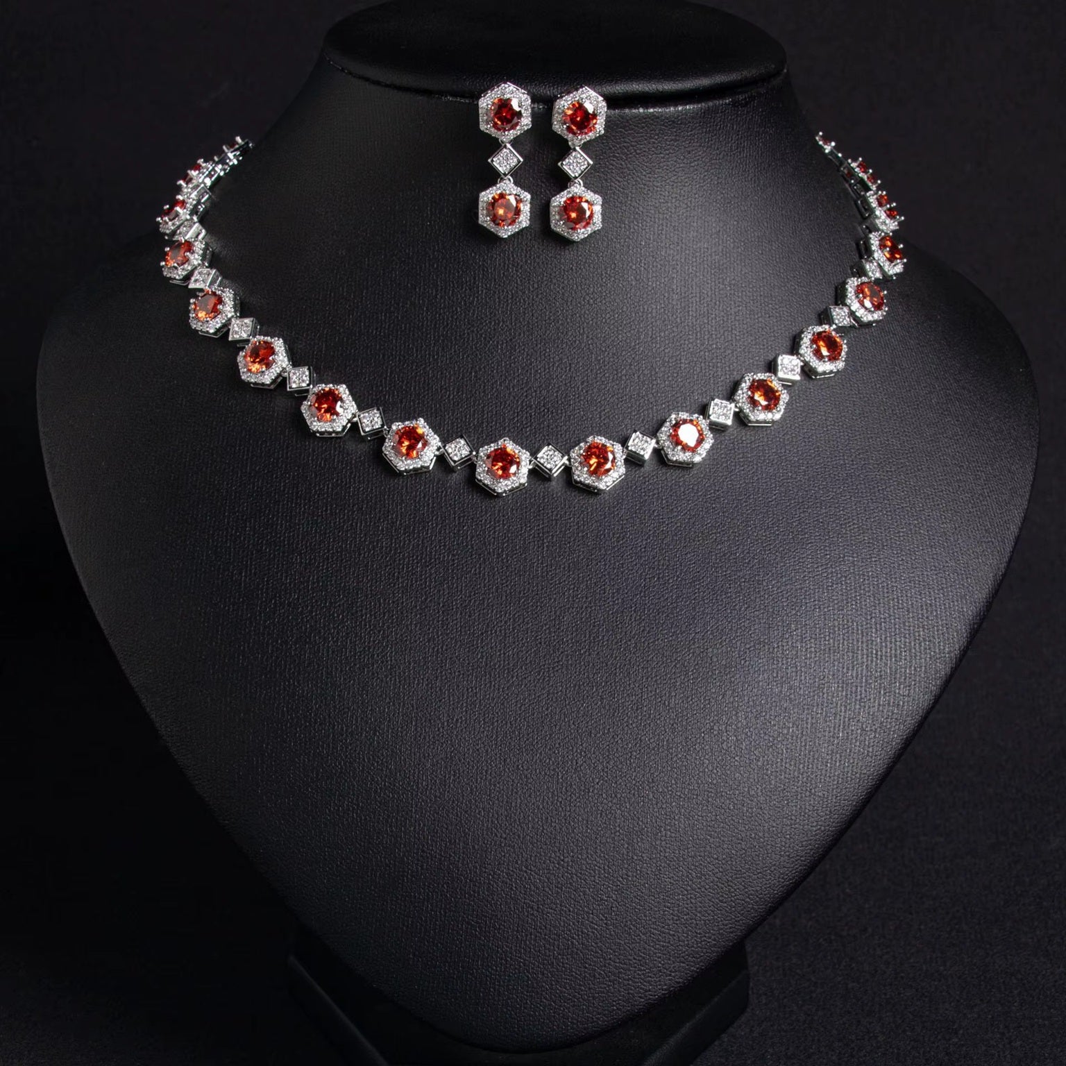 Multicolored American Diamond Geometric Shaped Silver Plated Necklace & Earrings Jewelry Set