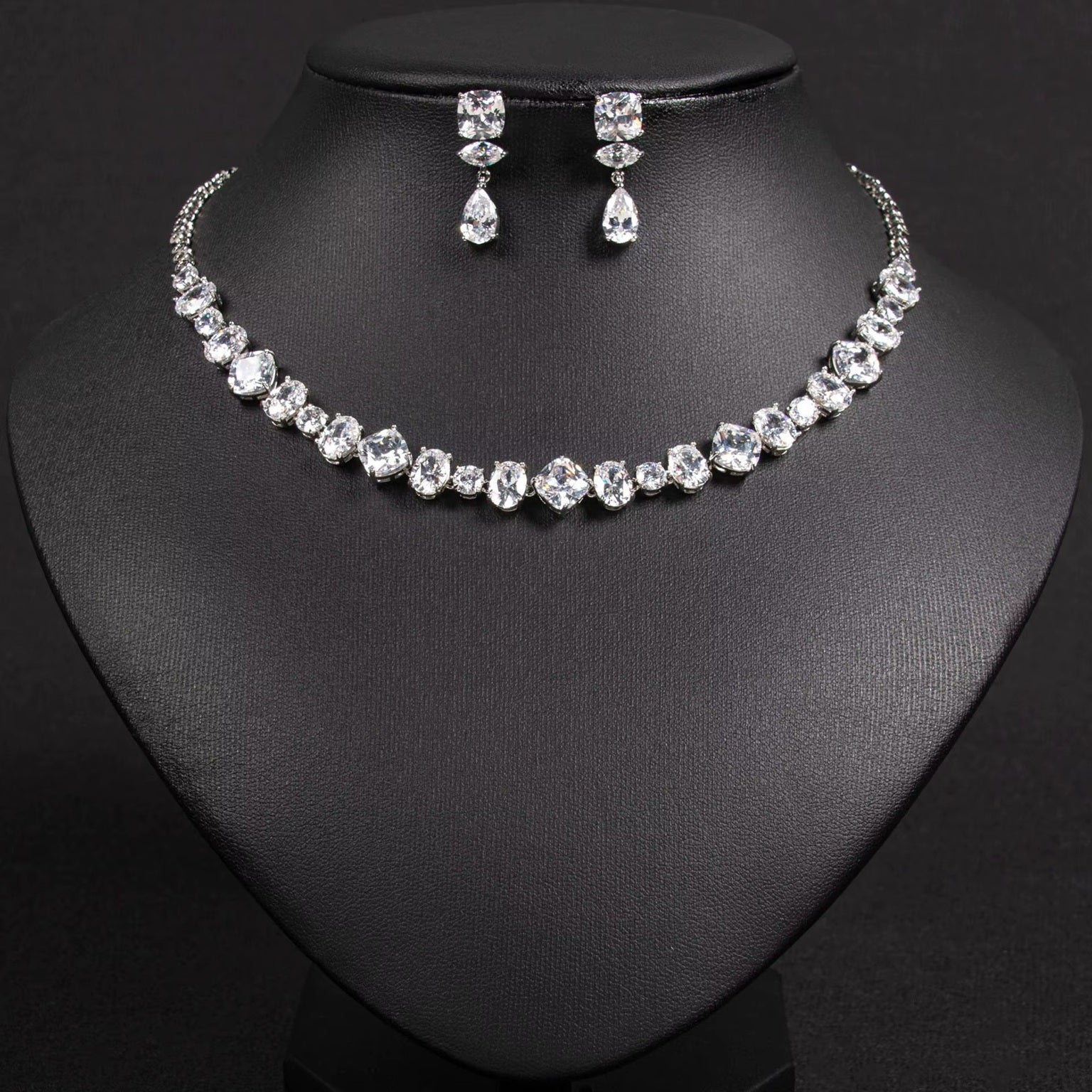 Multicolor Geometric Shaped Color Stone Silver Plated Necklace & Earrings Jewelry Set