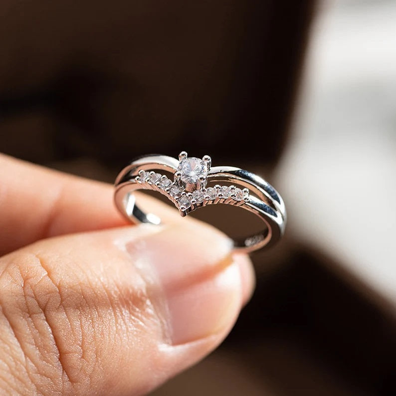 Double Layers Curved Engagement Ring 925 Real Silver Curved Wedding Band Anniversary Gifts Ring| Adjustable Size