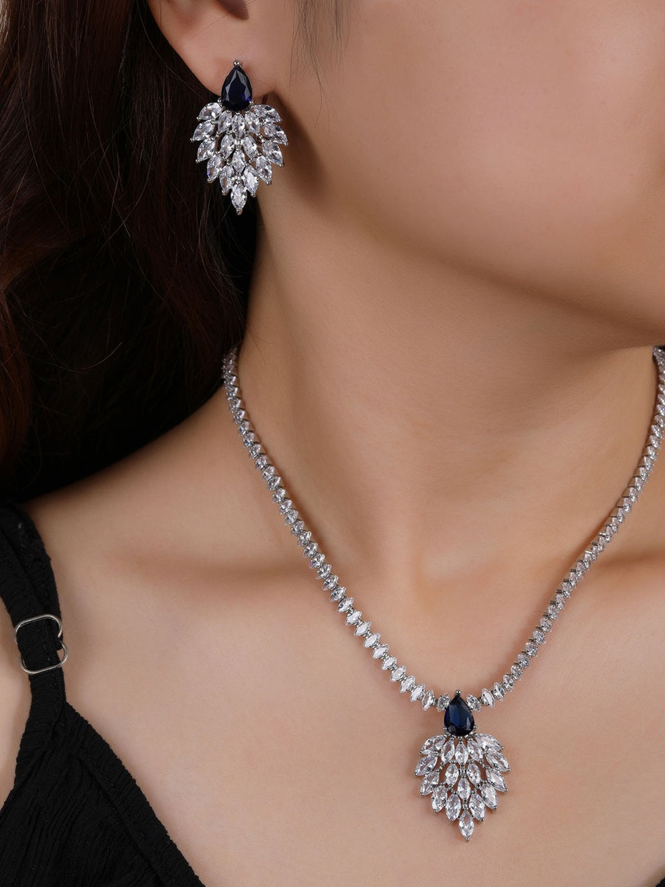 Multicolored Marquise And Drop Shaped American Diamond Necklace Set With Earrings Silver Plated