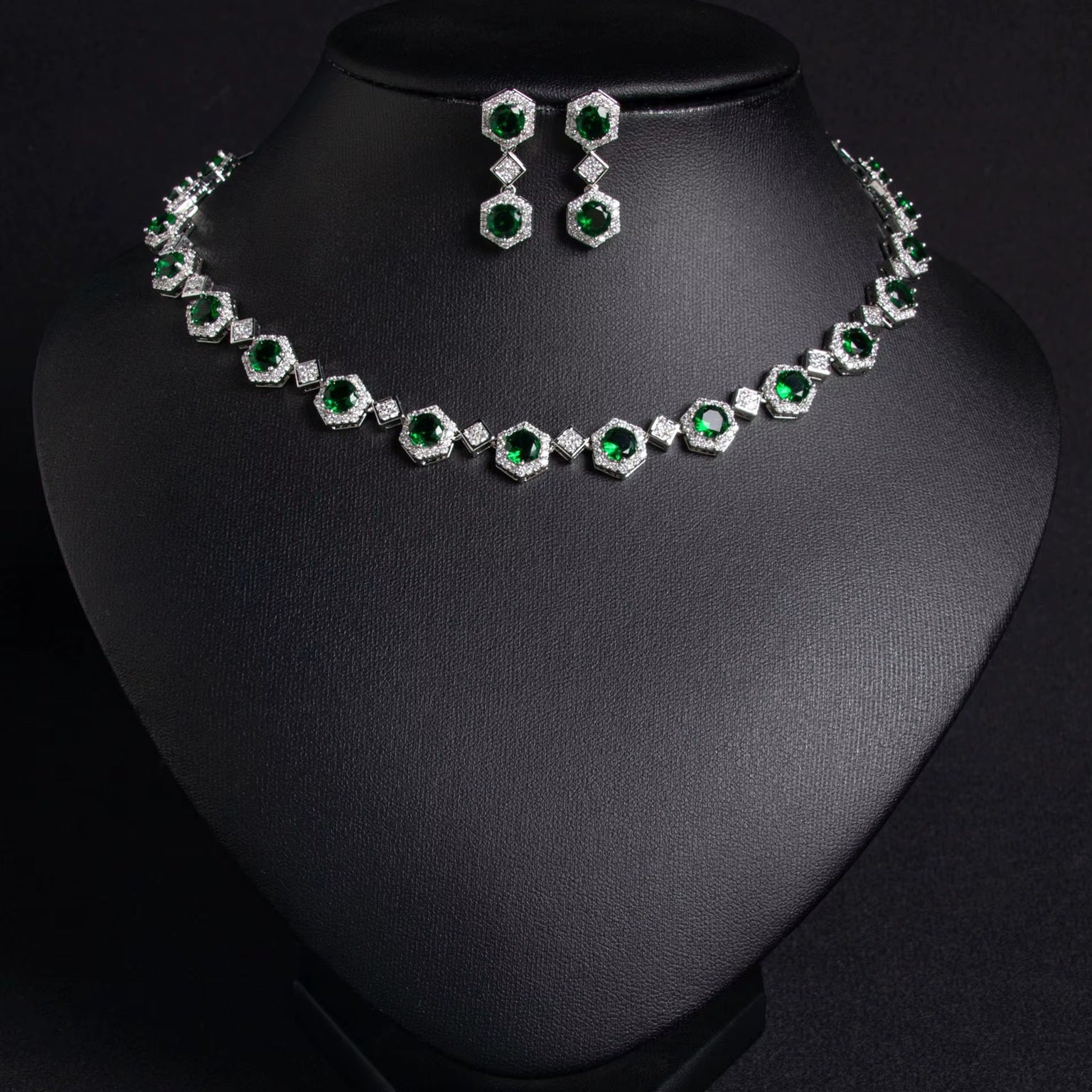 Multicolored American Diamond Geometric Shaped Silver Plated Necklace & Earrings Jewelry Set