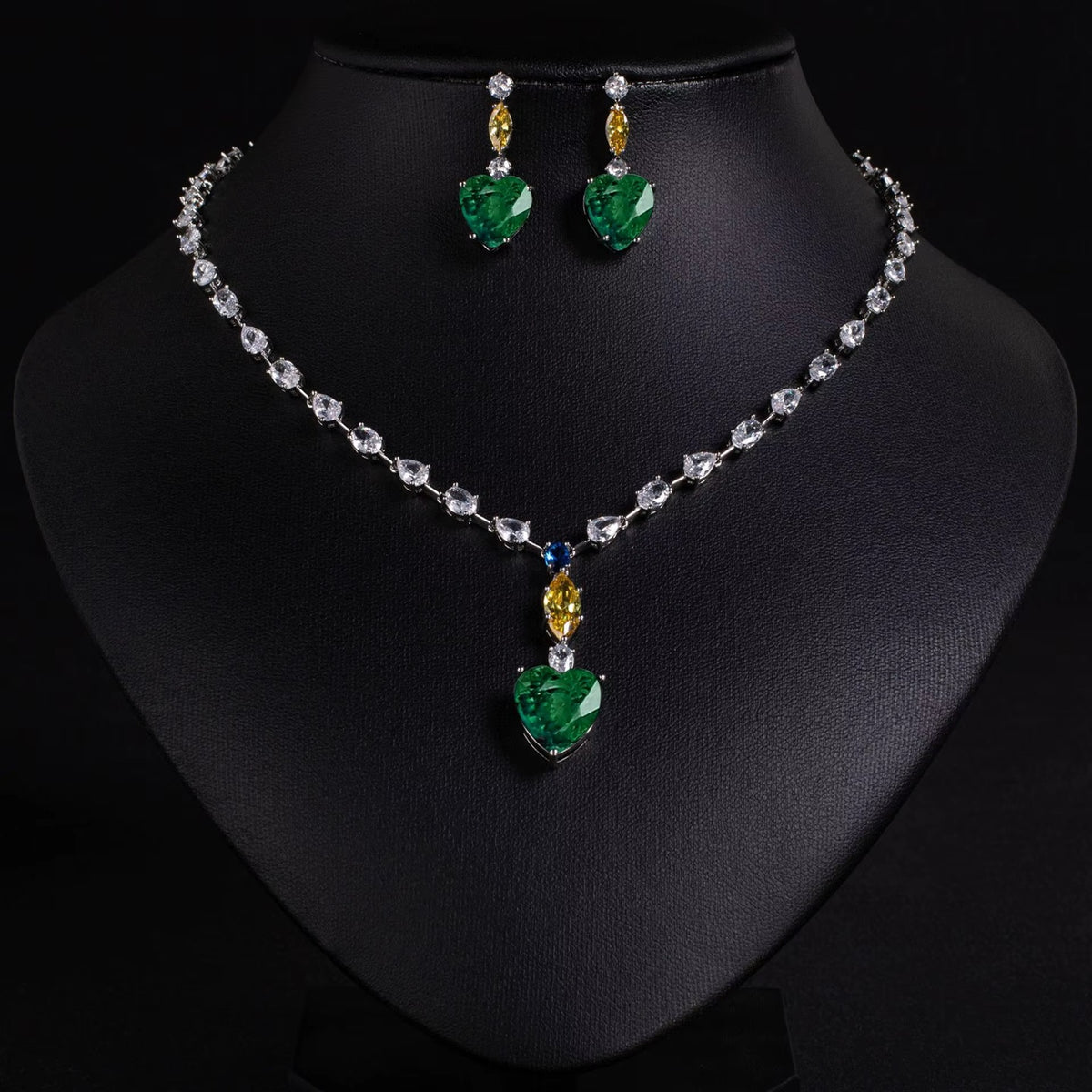 Multi Colored Heart Stone Imported American Diamond Necklace Set with Earrings In White Rhodium Plated