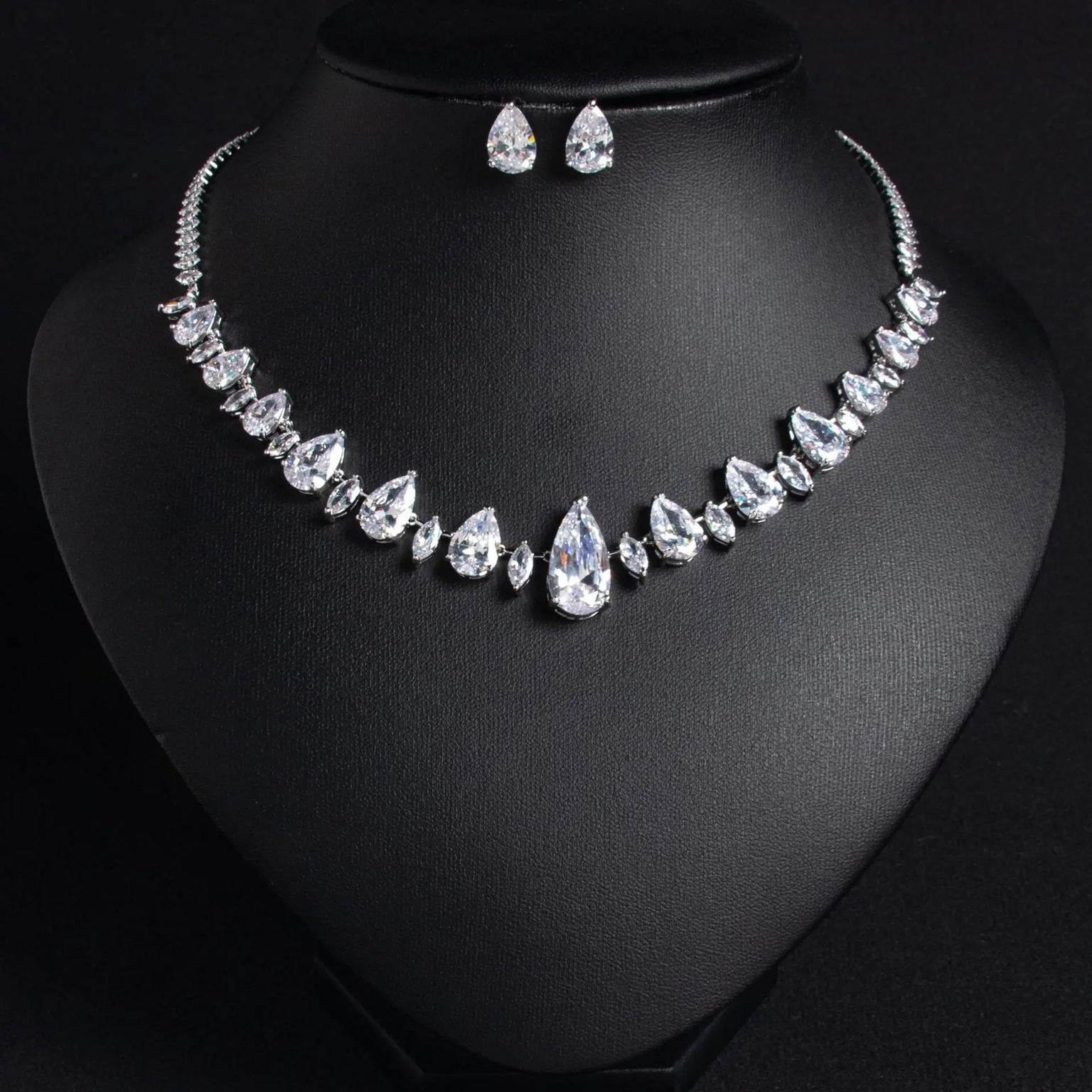 Drop Shaped American Diamond Multiple-Colors Silver Plated Necklace & Earrings Jewelry Set