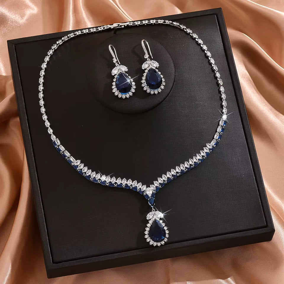 Elegant Sapphire Blue Crystal Necklace & Earrings Set – Luxury Fashion Jewelry for Women