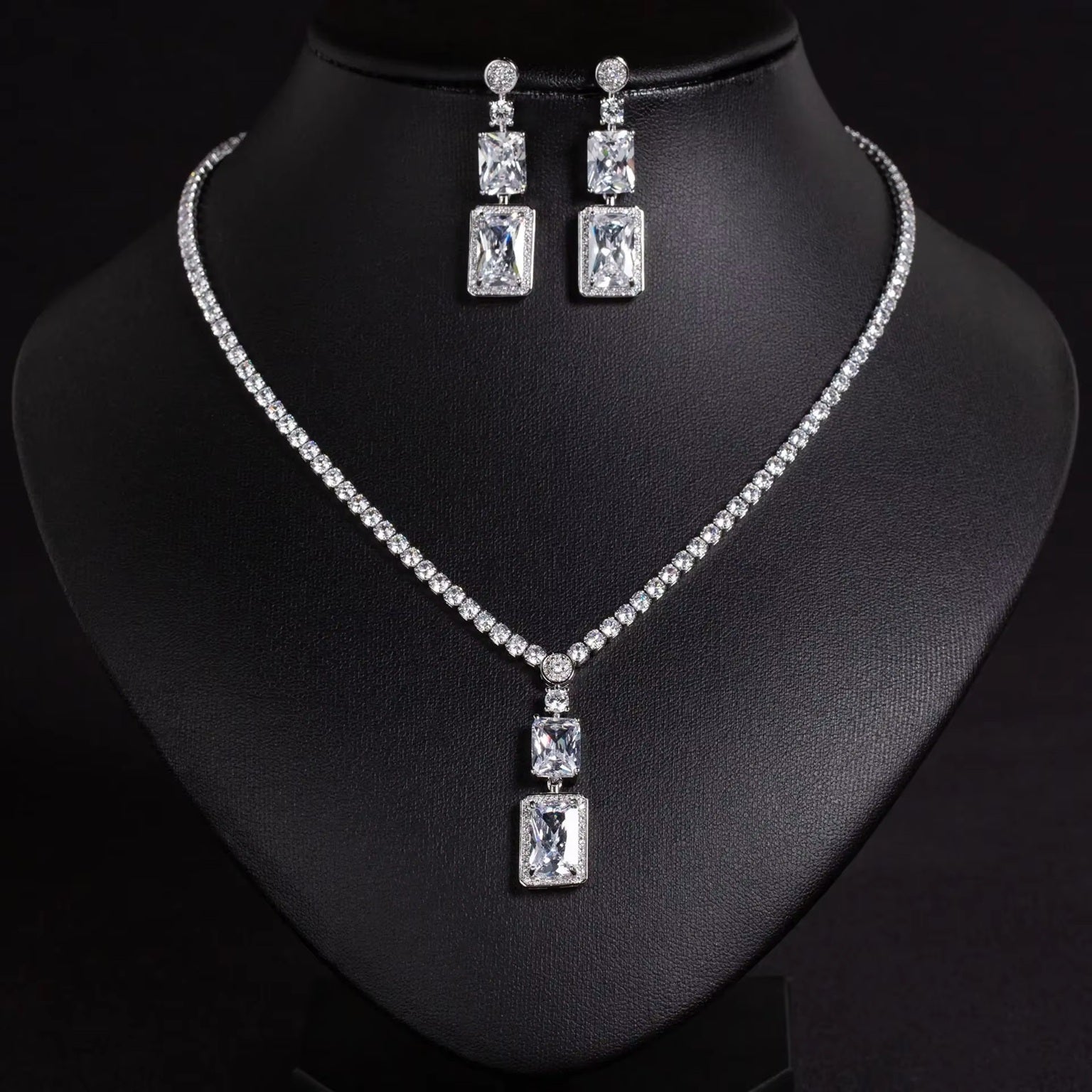 Luxurious Square Geometric American Diamond Necklace Set With Earrings 18k yellow Gold Plated