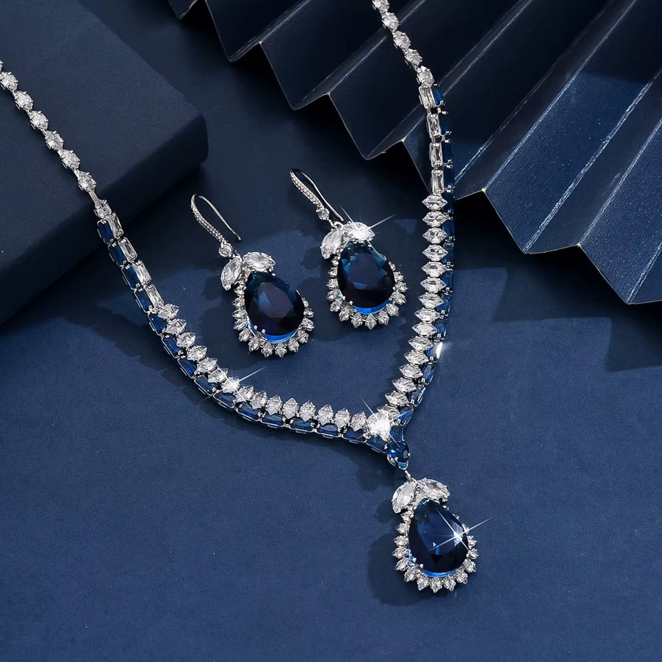 Elegant Sapphire Blue Crystal Necklace & Earrings Set – Luxury Fashion Jewelry for Women