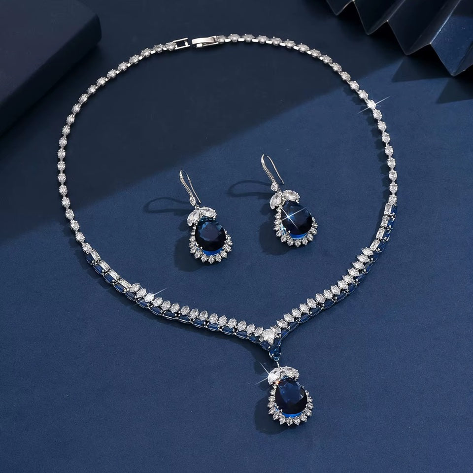 Elegant Sapphire Blue Crystal Necklace & Earrings Set – Luxury Fashion Jewelry for Women