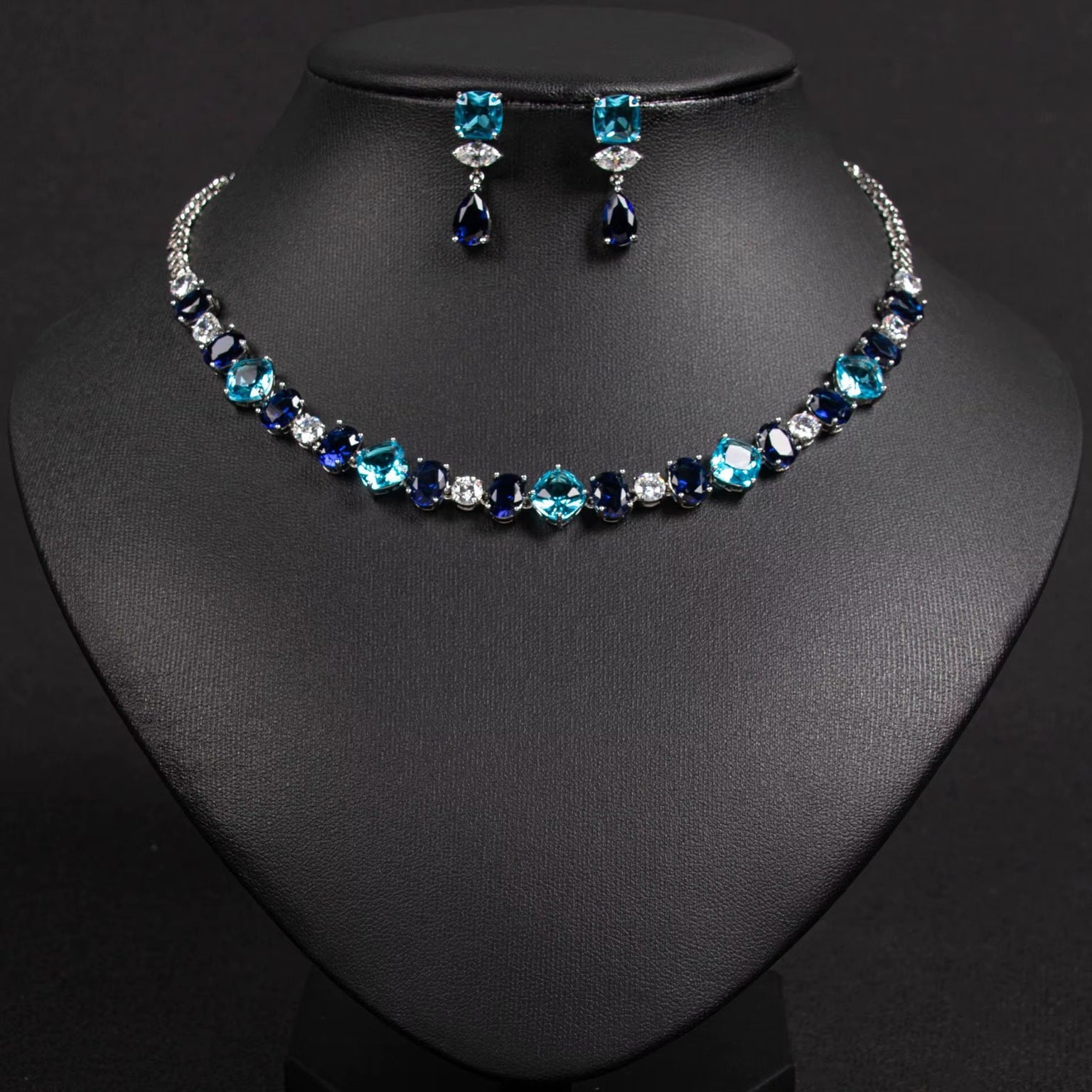 Multicolor Geometric Shaped Color Stone Silver Plated Necklace & Earrings Jewelry Set