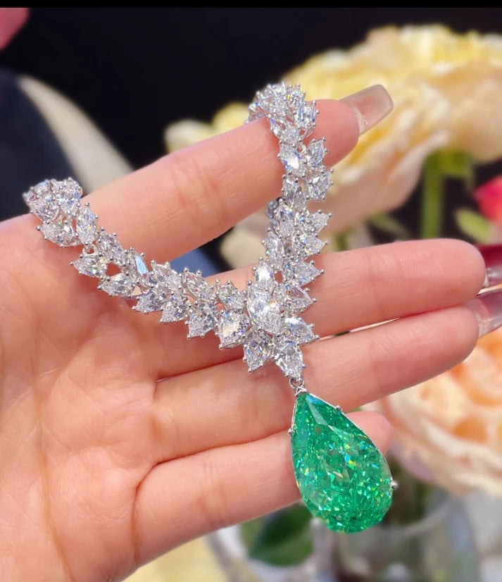 Pear Cut Raindrop Royale American Diamond Statement Necklace With Ring And Earrings Set