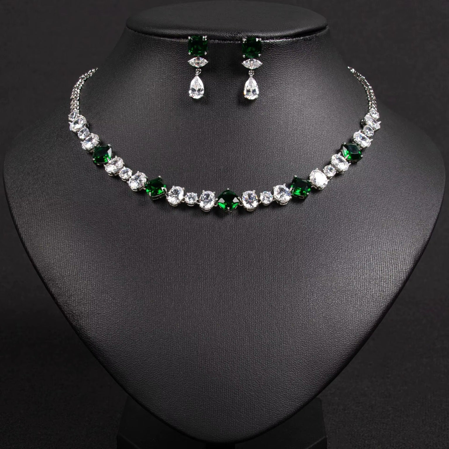 Multicolor Geometric Shaped Color Stone Silver Plated Necklace & Earrings Jewelry Set