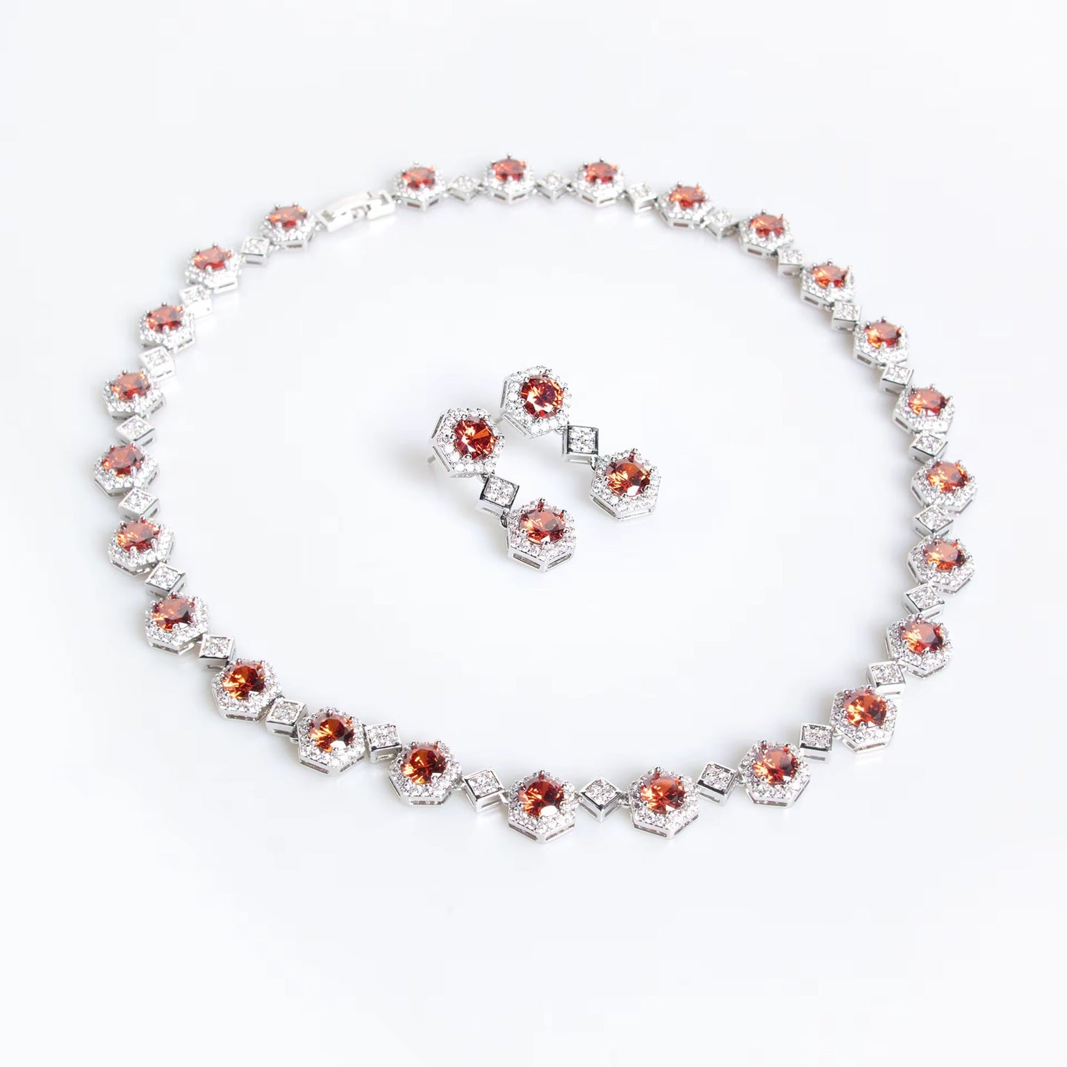 Multicolored American Diamond Geometric Shaped Silver Plated Necklace & Earrings Jewelry Set