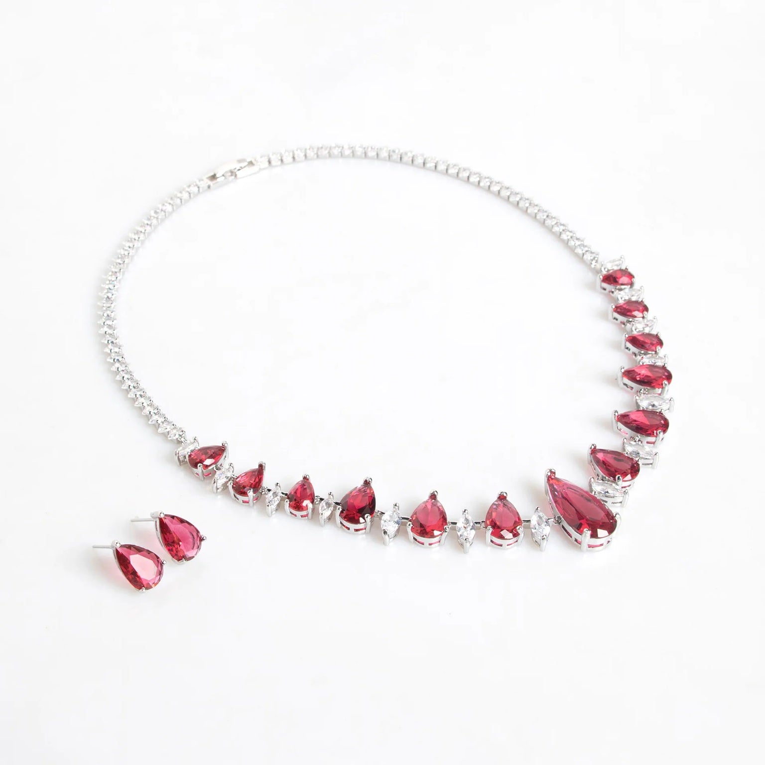 Drop Shaped American Diamond Multiple-Colors Silver Plated Necklace & Earrings Jewelry Set