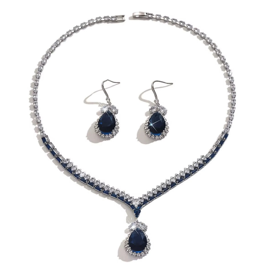 Elegant Sapphire Blue Crystal Necklace & Earrings Set – Luxury Fashion Jewelry for Women