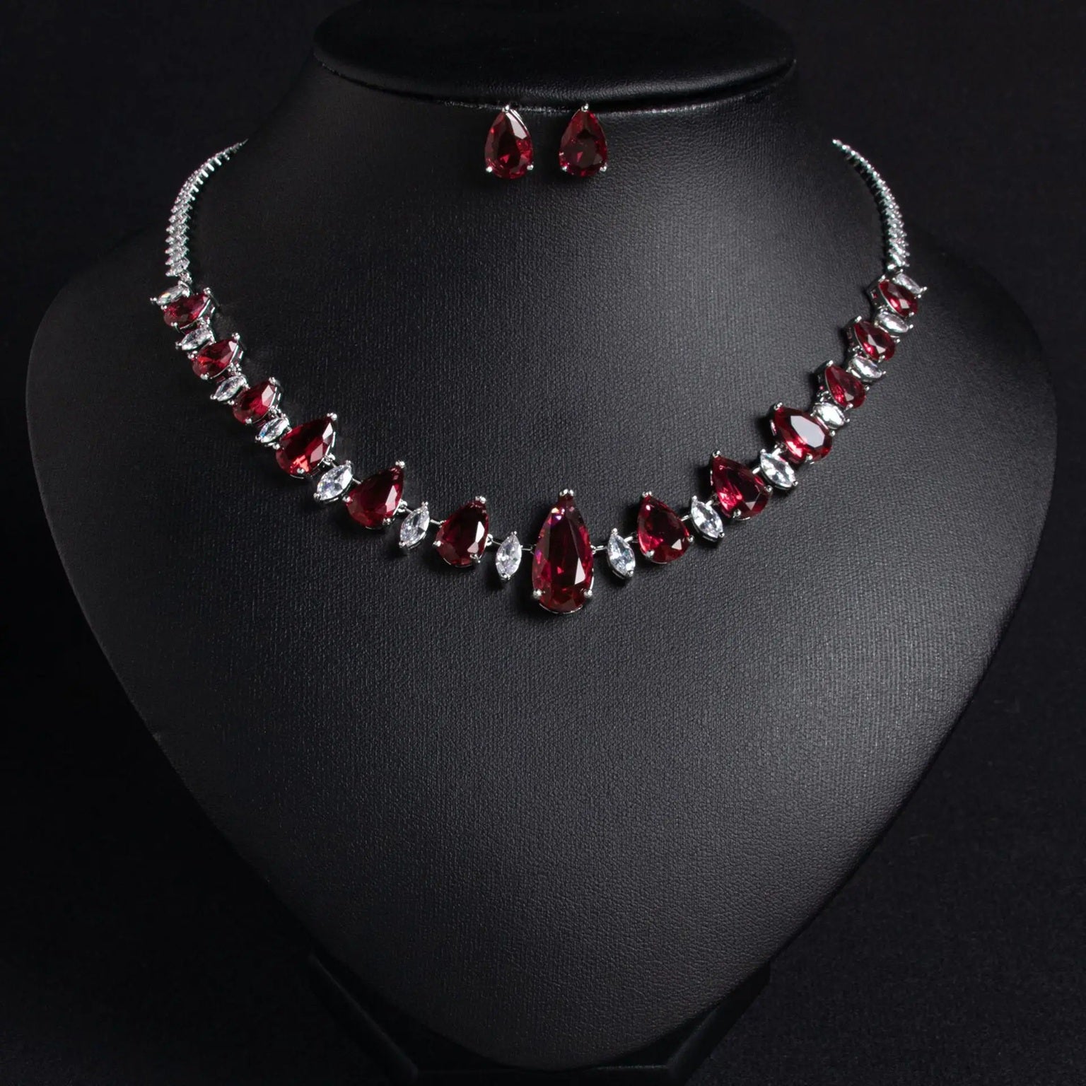 Drop Shaped American Diamond Multiple-Colors Silver Plated Necklace & Earrings Jewelry Set