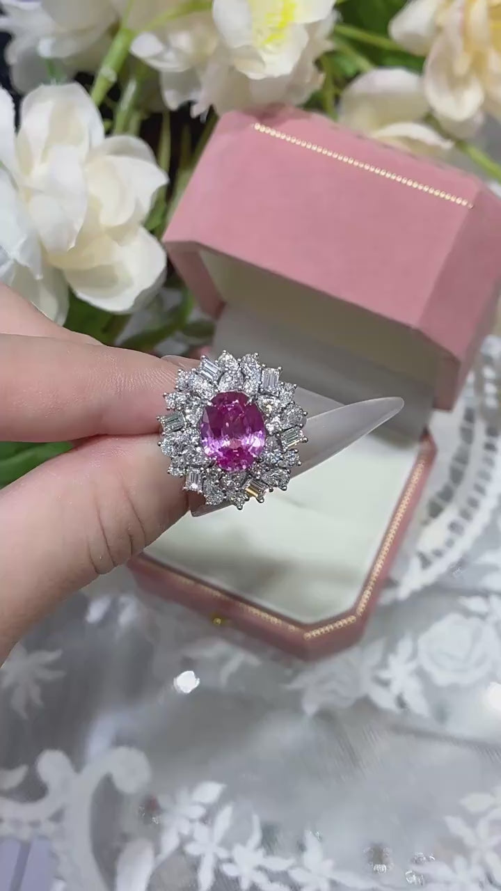 Oval Pink Sapphire And Diamond Stackable 925 Sterling Silver Rhodium Plated Adjustable Ring