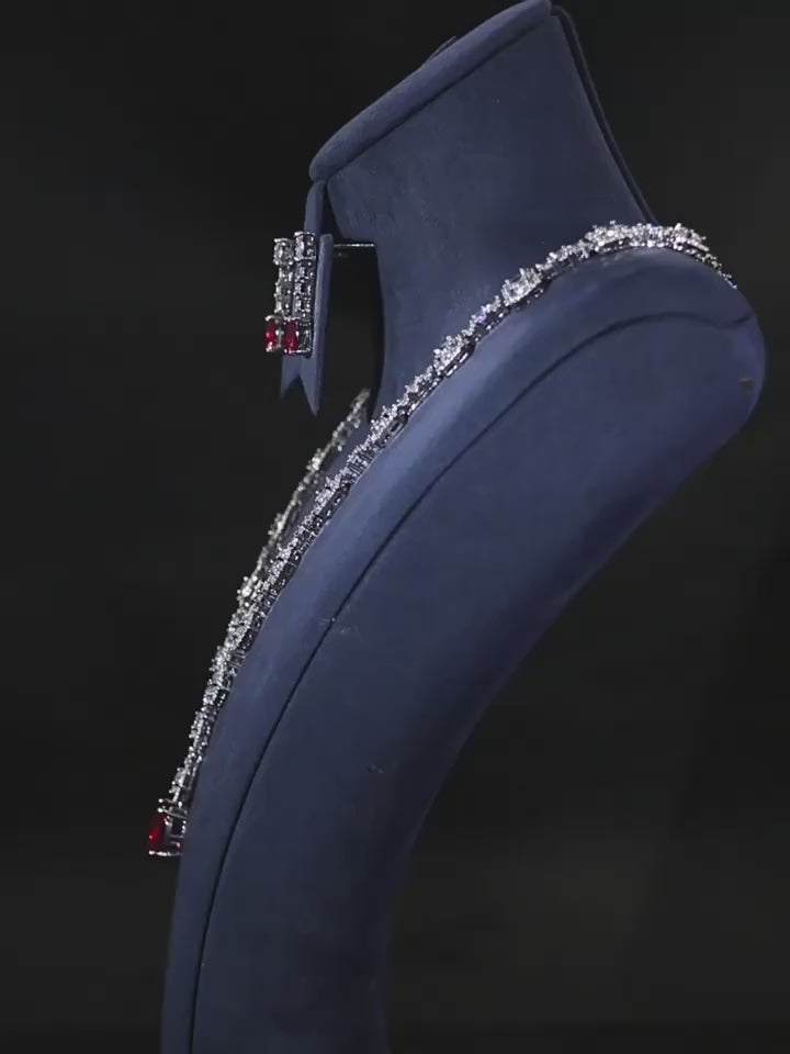 Multi Colored Imported American Diamond Necklace Set with Earrings – White Rhodium Silver Plated