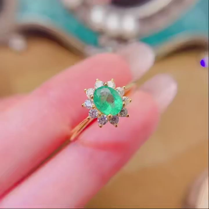 Natural Green Emerald Gemstone 925 Sterling Silver 18K Gold Plated Adjustable Ring for Women