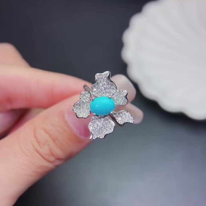 Sterling Silver 925 Turquoise Stone Rhodium Plated Adjustable Size Ring