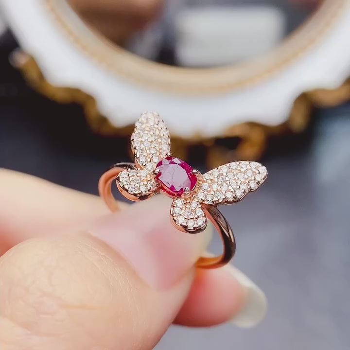 Natural Ruby Butterfly Gemstone Ring 925 Sterling Silver Rose Gold Plated Adjustable Size Ring