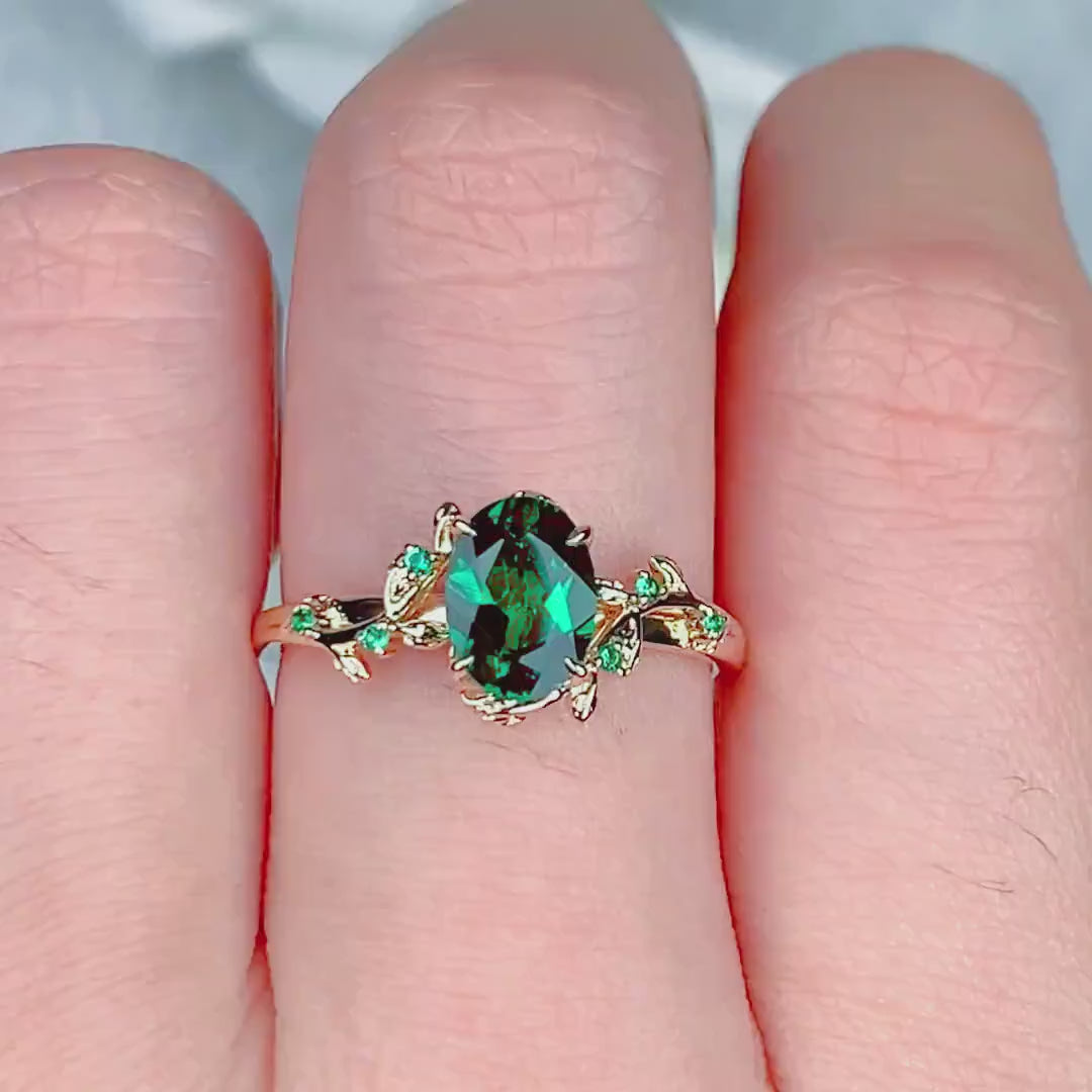 Pure Silver Ring With Natural Green Emerald Stones with Nature Touch leaf Art Style