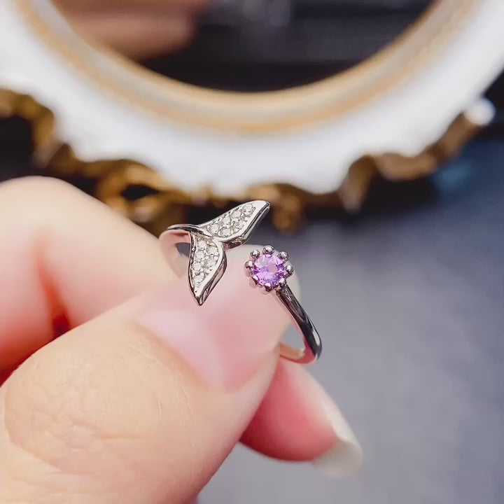 925 Sterling Silver Natural Purple Stone And Rhodium Plated Adjustable Size Ring