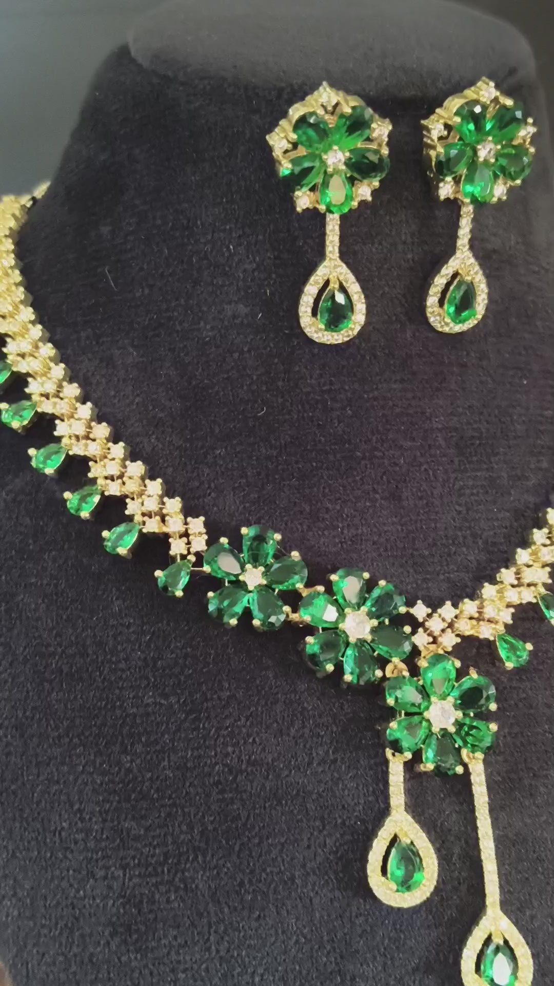 Green Emerald American Diamond Necklace Set With Earrings 18k yellow Gold Plated