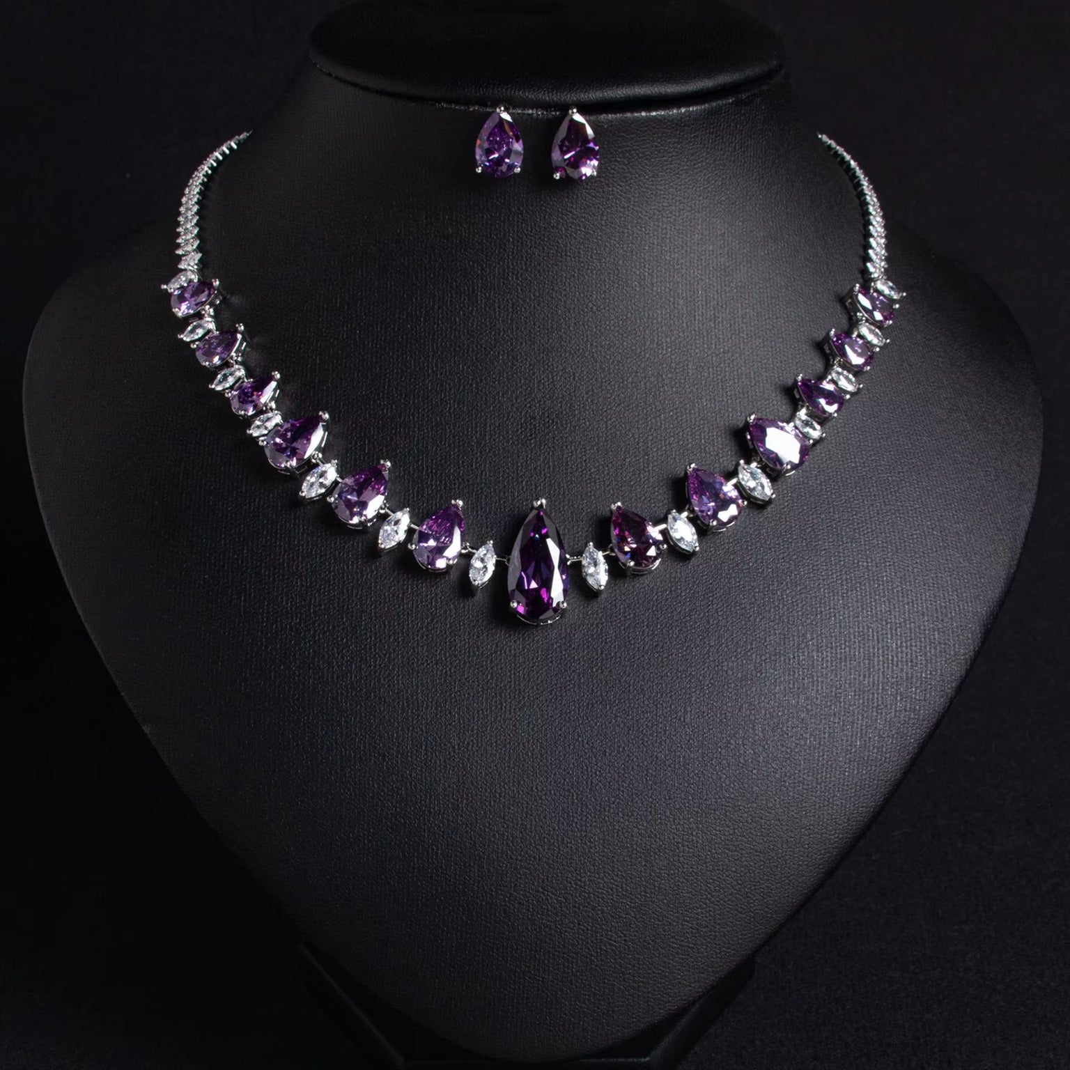 Drop Shaped American Diamond Multiple-Colors Silver Plated Necklace & Earrings Jewelry Set