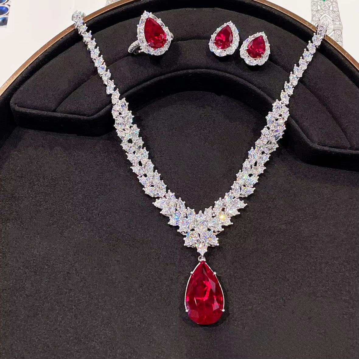 Pear Cut Raindrop Royale American Diamond Statement Necklace With Ring And Earrings Set