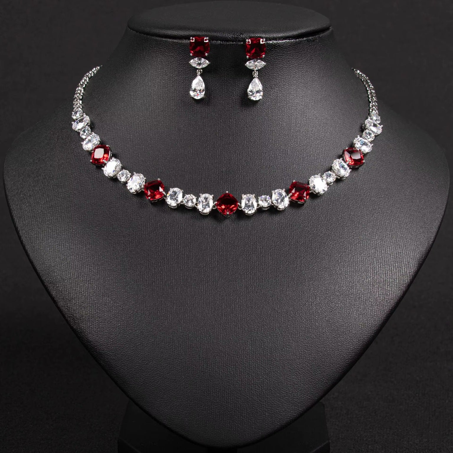 Multicolor Geometric Shaped Color Stone Silver Plated Necklace & Earrings Jewelry Set