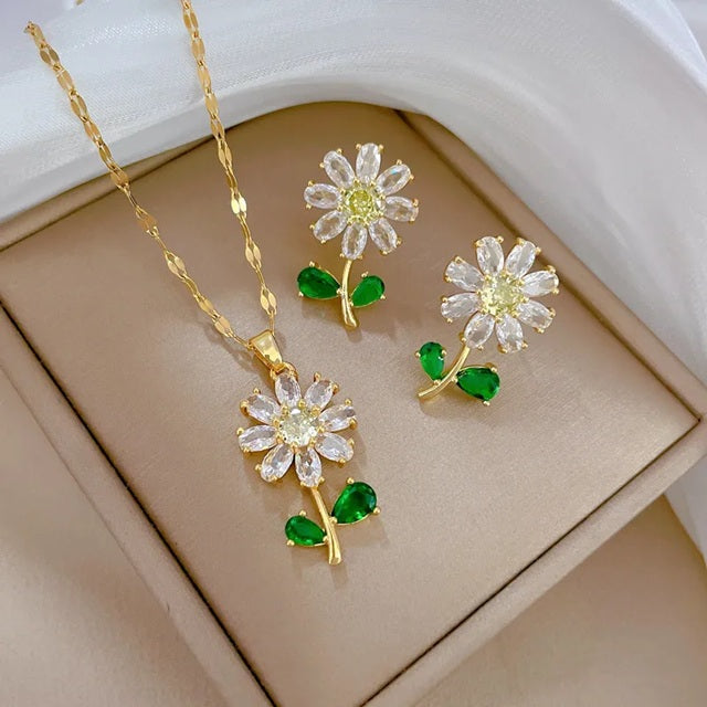 American Diamond Floral Pendant Set with Stud Earrings – 18K Gold Plated Anti Tarnish Jewelry