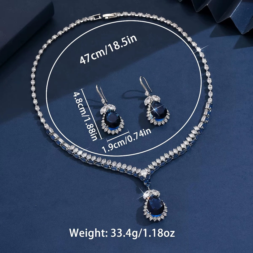 Elegant Sapphire Blue Crystal Necklace & Earrings Set – Luxury Fashion Jewelry for Women