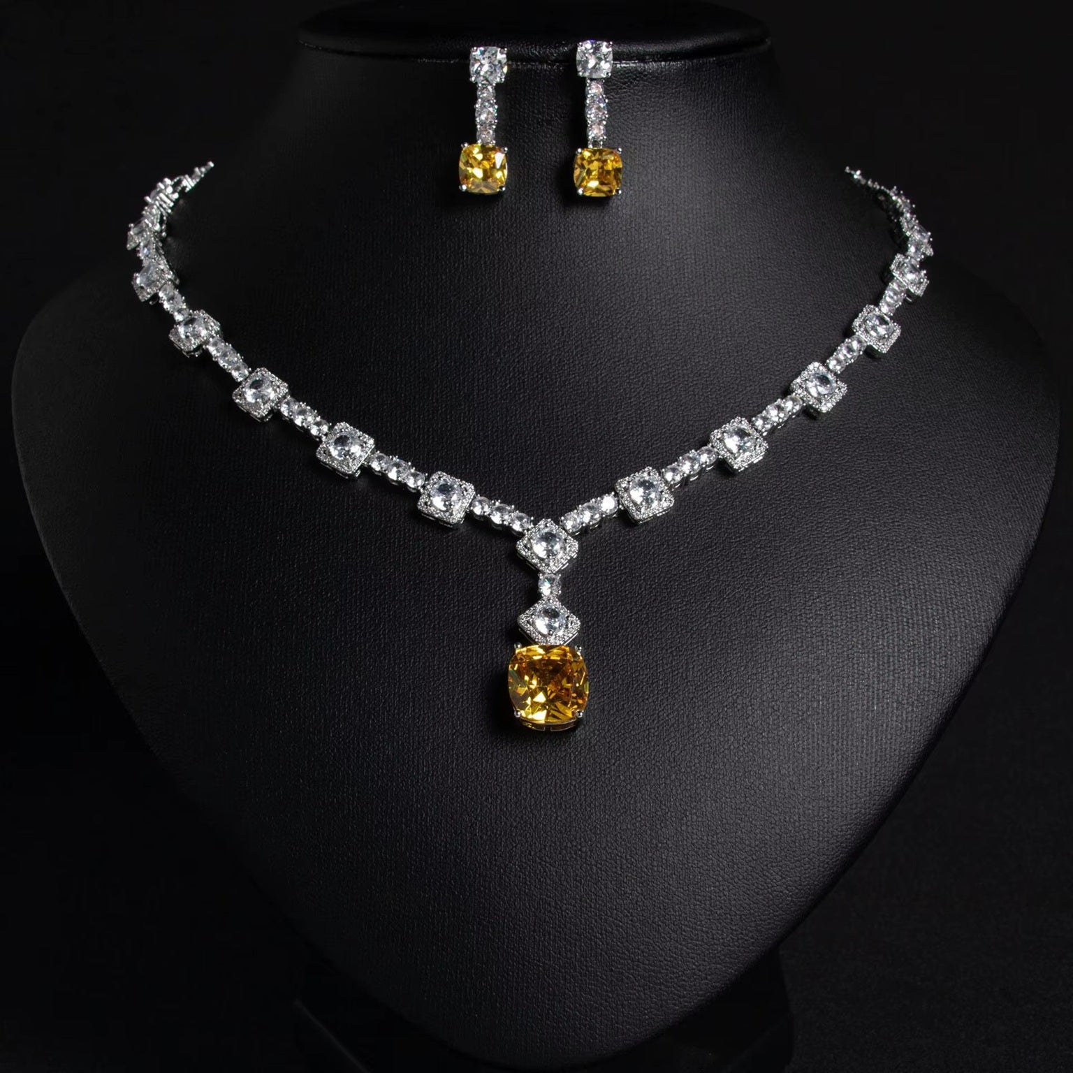 Multi Colored Imported American Diamond Necklace Set with Earrings – White Rhodium Silver Plated